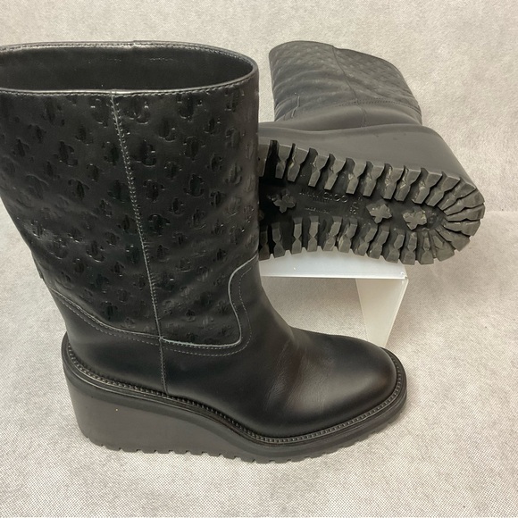 Jimmy Choo Monogram Embossed Leather Wedge Boots- Black- Barely Worn- Size 37.5 - Picture 11 of 14